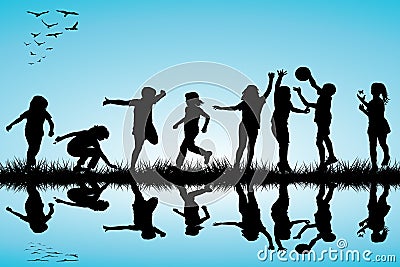 Group of children silhouettes playing outdoor Vector Illustration