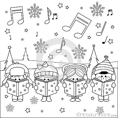 Group of children singing Christmas carols. Vector illustration Vector Illustration