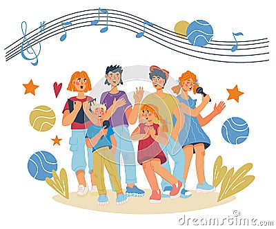 Group of children singing in school chorus. Music lessons or vocal classes Cartoon Illustration