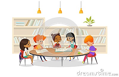 Group of children sitting around table at school library and listening to girl reading book out loud against bookcase or Vector Illustration