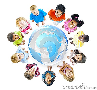 Group of Children Standing around World Map Stock Photo