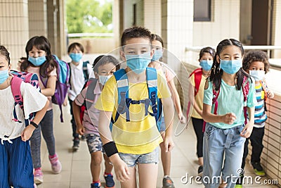 Group of children wearing face mask back at school after covid-19 quarantine Stock Photo