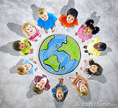 Group of Childrens around Globe in Grey Background Stock Photo