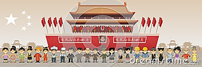Group of chinese people in front of Forbidden city in Beijing , China Vector Illustration