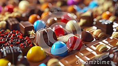 A group of chocolates playing a game of Candyland with one chocolate clearly cheating by sneaking extra pieces into Stock Photo