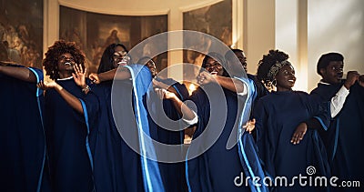 Group Of Christian Gospel Singers Praising Lord Jesus Christ. Song Spreads Blessing, Harmony in Joy Stock Photo