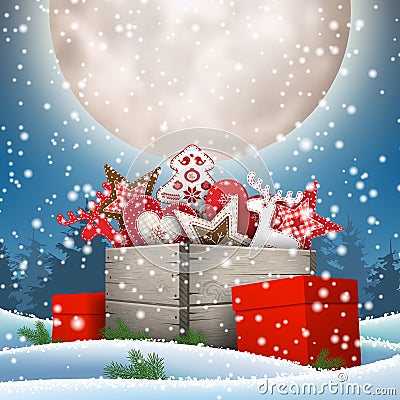 Group of Christmas ornaments in old wooden box Vector Illustration