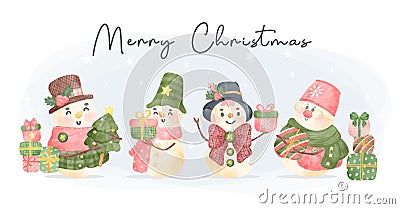 Group of 4 Christmas snowman character cartoon watercolor illustration vector for banner, merry christmas Vector Illustration