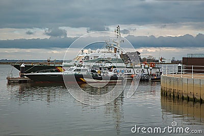 Group of civil guard patrol boats berthed at the pier Editorial Stock Photo