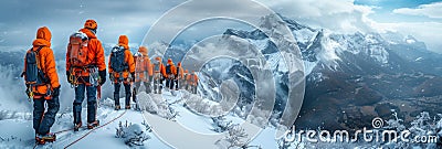 Group climbing snowy mountain slope in freezing winter landscape for recreation Stock Photo