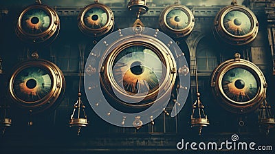 A group of clocks with different eyes on them. Generative AI image. Stock Photo