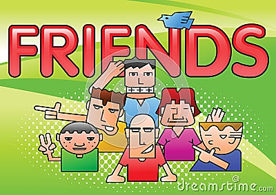 Group of close boy friend cartoon on gradient green background and halftone capture while flying bird in frame, Vector Illustration