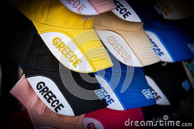Group of coloful straw protective hats advertising the country of Greece Stock Photo