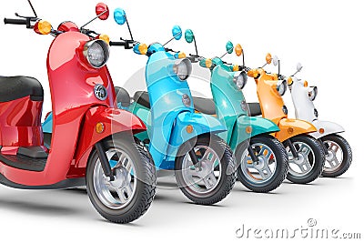 Group color scooters in row Stock Photo