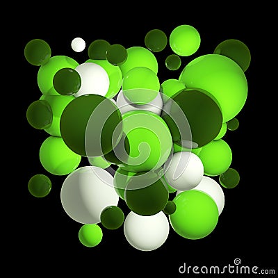 Group of colored 3d spheres. Flying spheres, abstract bubbles. Green balls, Isolated round orbs. 3D illustration Cartoon Illustration