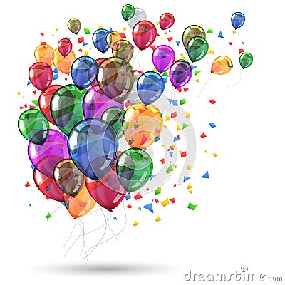 Group colored helium fly balloons with confetti - Vector Illustration