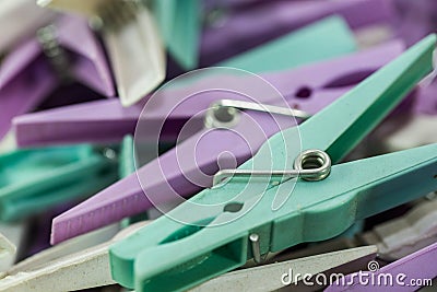 Group of colorful clothespegs close up macro shot Stock Photo