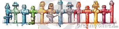 A group of colorful fire hydrants painted in different colors. AI generative image Stock Photo