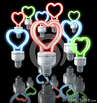 Group of colorful fluorescent lamps, heart shaped, red, blue, green glow, 3d rendering on dark background Stock Photo