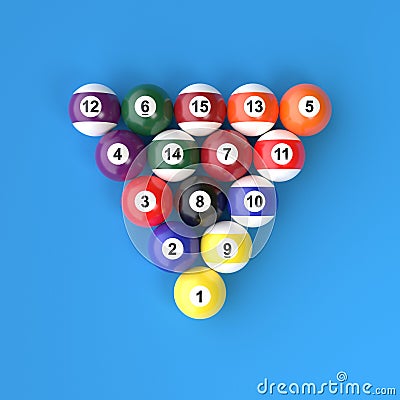 A group of colorful glossy billiard balls with numbers on a blue billiard table Cartoon Illustration