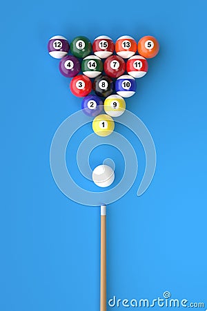 A group of colorful glossy billiard balls with numbers and a cue stick on a blue pool table Cartoon Illustration