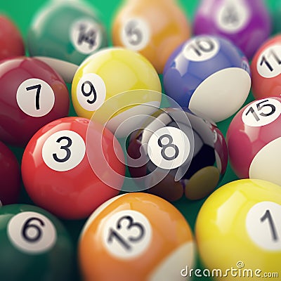 Group colorful glossy billiard pool game balls with depth of field effect. 3d illustration Cartoon Illustration