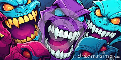 A group of colorful monsters with big teeth. AI Stock Photo