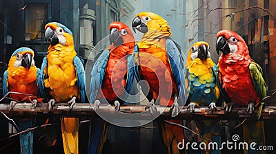 A group of colorful parrots sitting on a branch Stock Photo