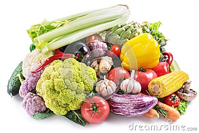 Group of colorful vegetables on white background. Close-up. Stock Photo