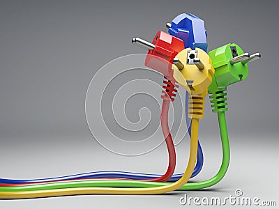 Group colour electric plug with long wires. Cartoon Illustration