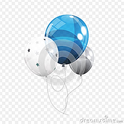 Group of colour glossy helium balloons isolated on transperent background. set of silver, blue, white with confett Vector Illustration