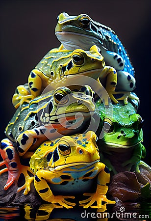 A group of colourful frogs stack on a black background, close-up. AI Generative Stock Photo