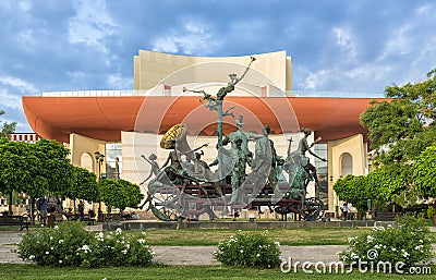 Group of comedy statues in front of National Theater Bucharest Editorial Stock Photo