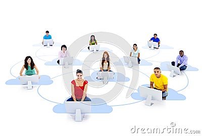 Group of Connected Multi-Ethnic People Sitting on a Cloud Stock Photo