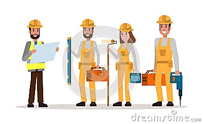 Group of construction workers in hard hats. Vector Illustration