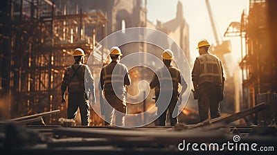 Group of construction workers in hardhats are working on construction site. Generative AI. Stock Photo