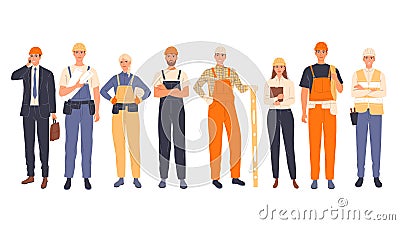 Group of construction workers in uniform, men and women of different specialties chief, engineer, worker Vector Illustration