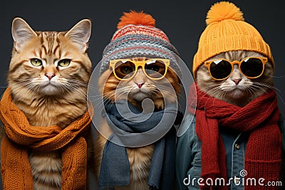 A group of cool cats wearing trendy glasses, scarves, and hats, striking a pose that oozes feline fashion. Generative Ai Stock Photo