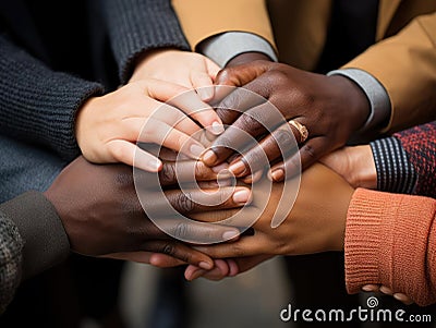 Group of coworkers huddling hands top view Stock Photo
