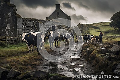 A group of cows walking along a dirt road in Cumbria, Ireland cattle farm with cow family portrait, AI Generated Stock Photo