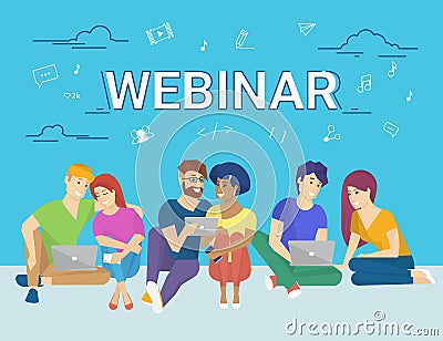 Group of creative people using laptop and tablet pc sitting on floor and watching online webinar Vector Illustration