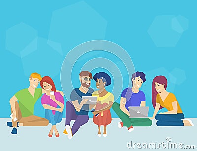 Group of creative people using smartphone, laptop and tablet pc sitting on the floor Vector Illustration