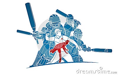 Group of Cricket players action cartoon sport graphic Vector Illustration