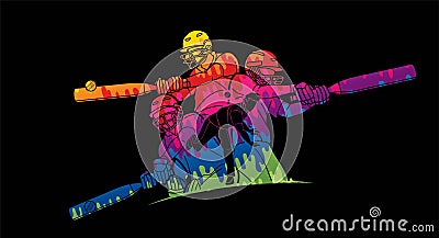 Group of Cricket players action cartoon sport graphic Vector Illustration