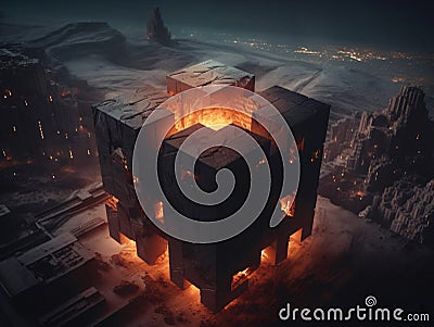 A group of cubes sitting on top of a table an nuclear art casting a flame spell. AI generated Stock Photo