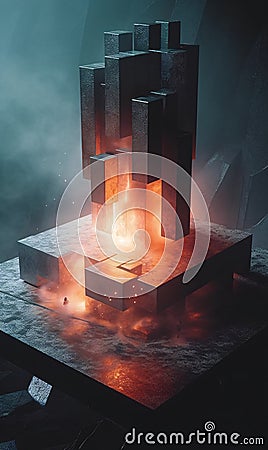 A group of cubes sitting on top of a table an nuclear art casting a flame spell. AI generated Stock Photo