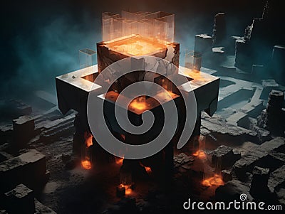 A group of cubes sitting on top of a table an nuclear art casting a flame spell. AI generated Stock Photo