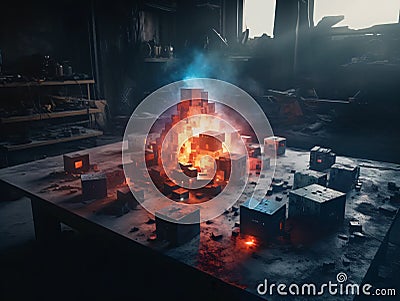 A group of cubes sitting on top of a table an nuclear art casting a flame spell. AI generated Stock Photo
