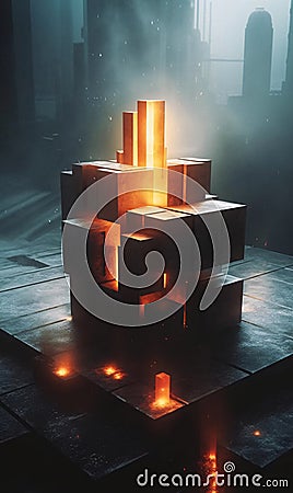 A group of cubes sitting on top of a table an nuclear art casting a flame spell. AI generated Stock Photo
