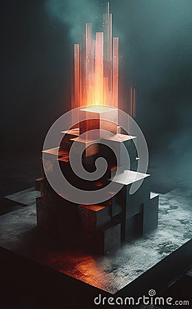 A group of cubes sitting on top of a table an nuclear art casting a flame spell. AI generated Stock Photo